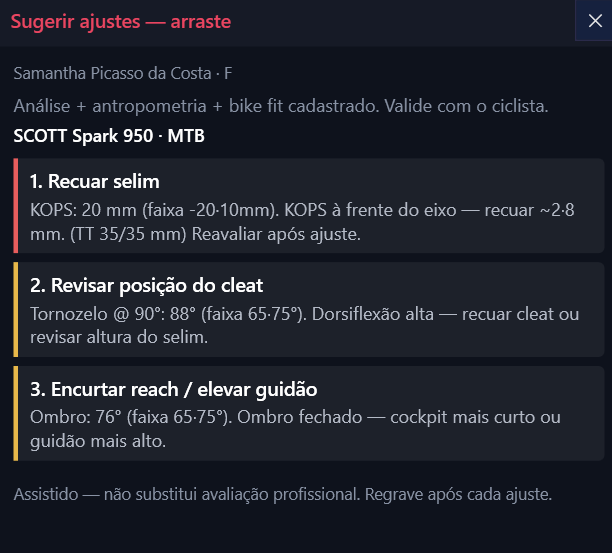 Tela de sugestões de ajustes do BikeFit Pro para selim, cleat e guidão