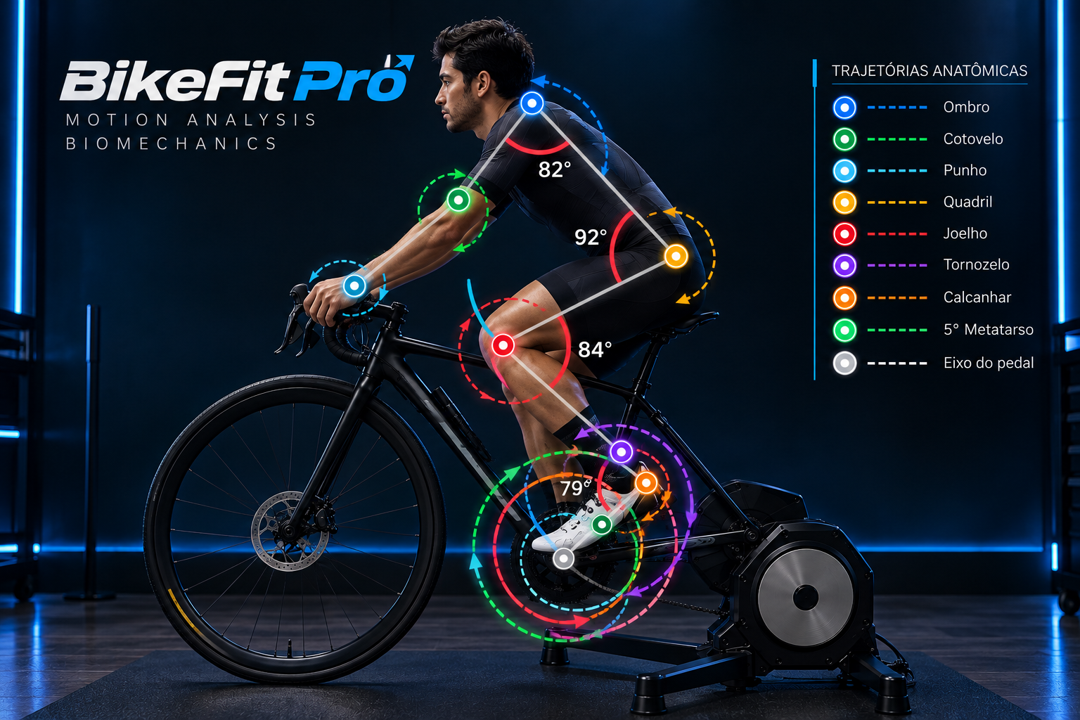 Ciclista com articulações identificadas e trajetórias anatômicas representadas durante a pedalada
